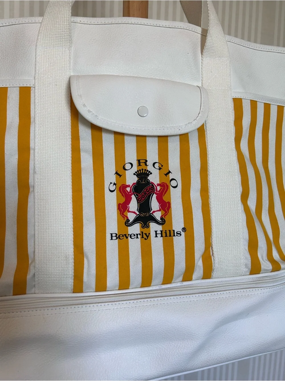 Vintage Giorgio, Beverly Hills XL Canvas Yellow Striped Tote Bag 1980s